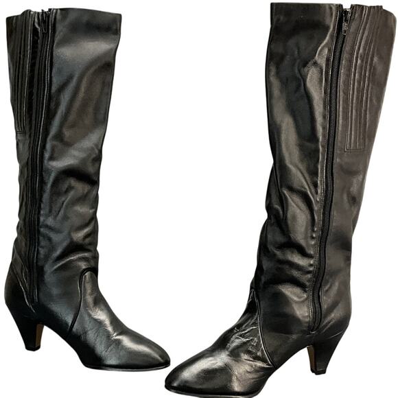 Joyce Vintage Black Leather Heeled Point Toe Tall Western Riding Boot Women 6M - Picture 3 of 8